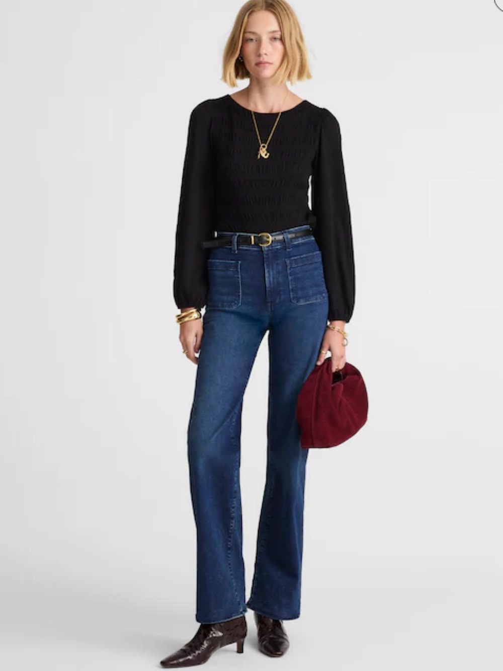 Madewell Smocked Boatneck Top L/S Shirt Jet Black NWT Small $88 100% Cotton